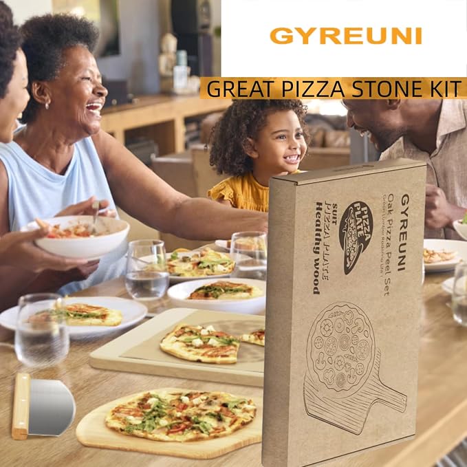 4 PCS Rectangle Pizza Stone Set, 15" Large Pizza Stone for Oven and Grill with Pizza Peel(OAK), Pizza Cutter & 10pcs Cooking Paper for Free, Baking Stone for Pizza, Bread,BBQ | Complete pizza stone set:15 x 12 inch Baking stone and pizza peel,Pizza Cut...