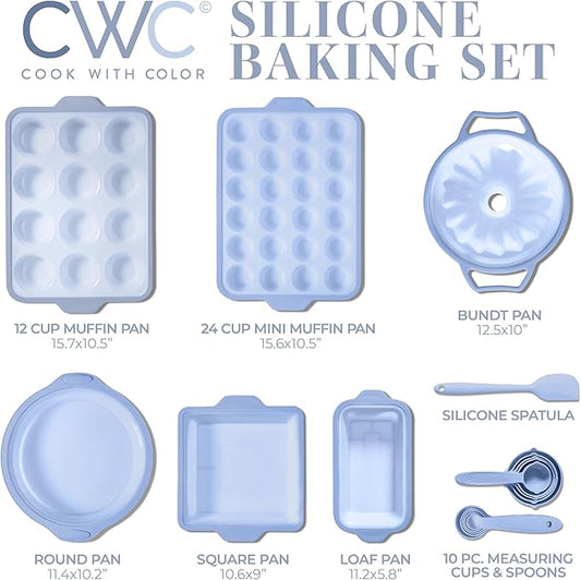 COOK WITH COLOR 17 Pc. Silicone Baking Pan Set - Non-Stick & Easy Clean Silicone Muffin Pans for Baking with Sturdy Metal Frame for Stability, Flexible Cake Molds, Includes Measuring Cups and Spoons