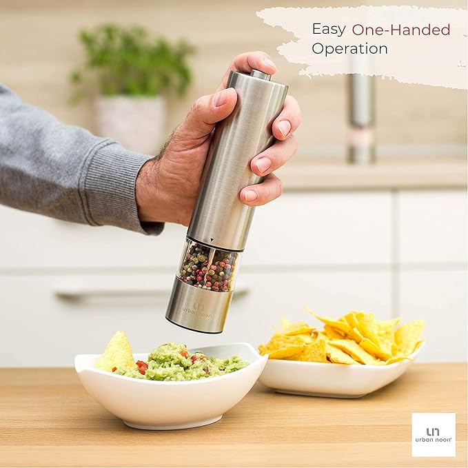 Urban Noon Electric Salt and Pepper Grinder Set (2 Mills, 8.1" Tall) - One-Handed Push-Button Mills with LED Light, Adjustable Ceramic Coarseness, Gift-Ready Box, 1-Year Warranty - Stainless Steel