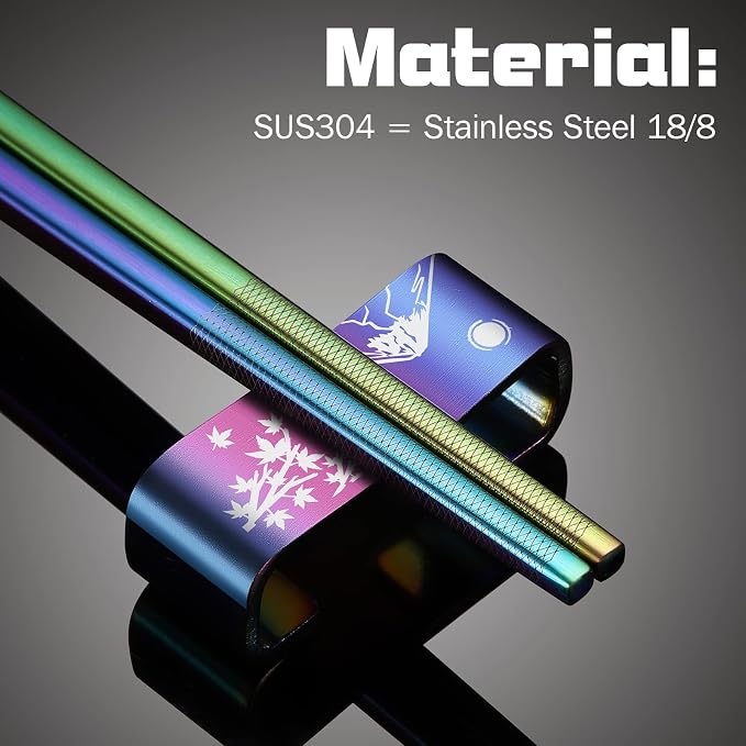 Metal Chopsticks Reusable 2 Pairs Titanium Plated 18/8 Stainless Steel Chopsticks with Holder, Dishwasher Safe Non-Slip Japanese Style Laser Engraved Chop Sticks Gift Set (Rainbow)