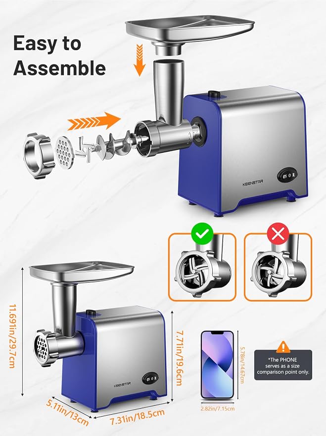 KEENSTAR Electric Meat Grinder, Sausage Stuffer Maker 450W Food Grinder with Blade & 3 Plates, Sausage Stuffer Tubes & Kubbe Kit, Stainless Steel Meat Mincer Machine for Home Kitchen Use (Blue)