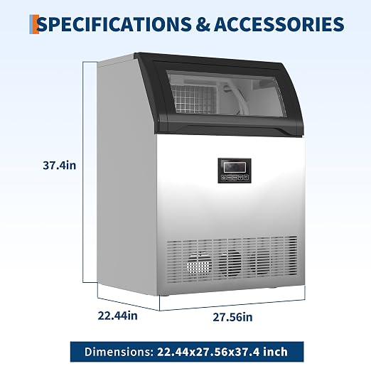 Commercial Ice Maker Machine 250lbs/24h, 60lbs Storage, 50 Ice Cubes/15 Mins, Adjustable Thickness, Built-in/Freestanding Ice Maker Self-Cleaning ETL Certified for Home Bar Restaurant