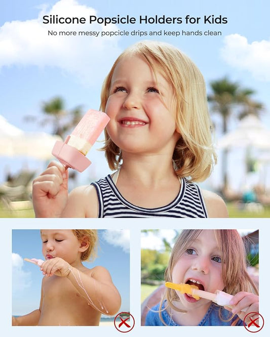 4Pack Drip-Free Silicone Popsicle Holders, AODISTUCE Popsicle Holder with Straw | with 2 Slots Fit Standard & Wide sized sticks Drip Free Popsicle Stick Holder Popsicle Drip Catcher
