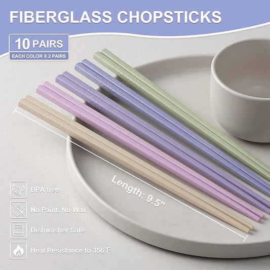 Hiware 10-Pair Reusable Fiberglass Chopsticks, Non-Slip Chop Sticks Set Japanese Style, Dishwasher Safe, 9.5-Inch
