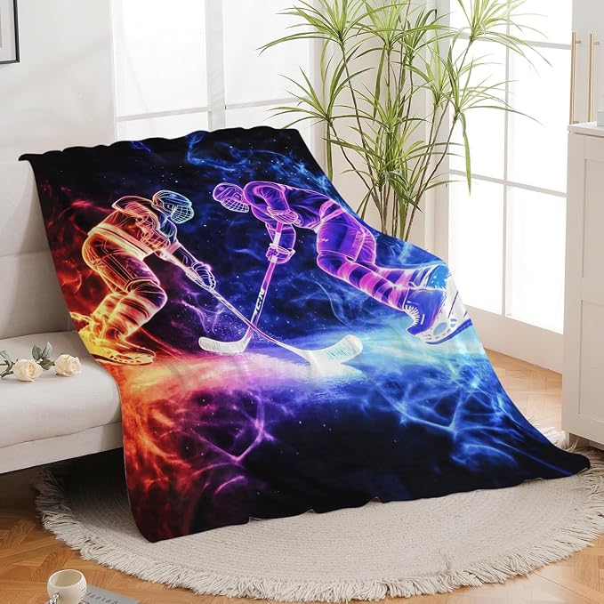 Yibuda Neon Hockey Player Blanket Ice Hockey Flannel Plush Throw Blanket Cozy Sports Fans Decor Fleece Stuff Blanket Gifts for Lover Girls Boys Kids Adults Women Bed Travel 60"x80"