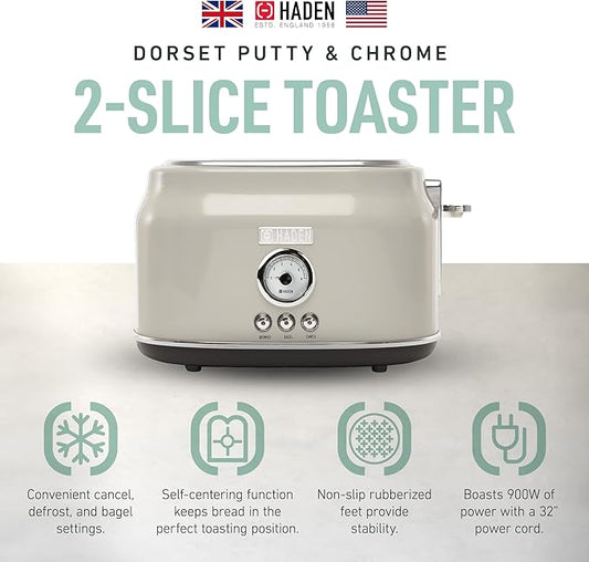 Haden Dorset 2 Slice Wide Slot Stainless Steel Toaster with Adjustable Browning Control & Non-Slip Feet, Putty & Chrome