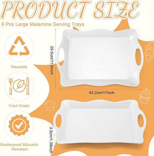 6 Pcs Large Melamine Serving Tray with Handles 17 x 12 Inch Rectangular Wave Melamine Serving Platters for Food, Eating, Turkey, Snack, Fruit, Desserts, Party, Dishwasher Safe