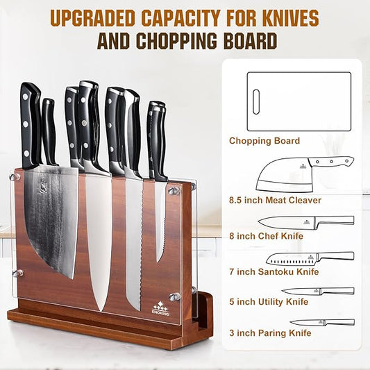 ENOKING Magnetic Knife Block with Acrylic Shield 12 x 9 Inches, Double Side Kitchen Knife Holder without Knives- Acacia Wood Universal Knife Storage Organizer with Powerful Magnet for Kitchen Counter