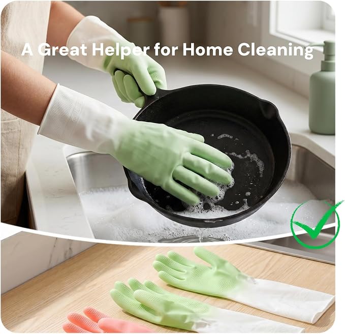 Cleaning Gloves 2 Pairs, Medium Reusable Dishwashing Gloves Honeycomb Non-Slip Grip, Waterproof Long Cuff Household Gloves for Kitchen Dishes Bathroom Laundry Pet Bath, Mint Green & Pink for Women
