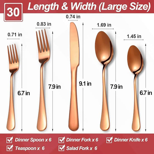 30 Pcs Rose Gold Silverware Set for 6, Food Grade Stainless Steel Flatware Set, Eating Utensils Sets Include Fork/Knife/Spoon,Home Kitchen Tableware Set, Reusable Cutlery Set, Dishwasher Safe