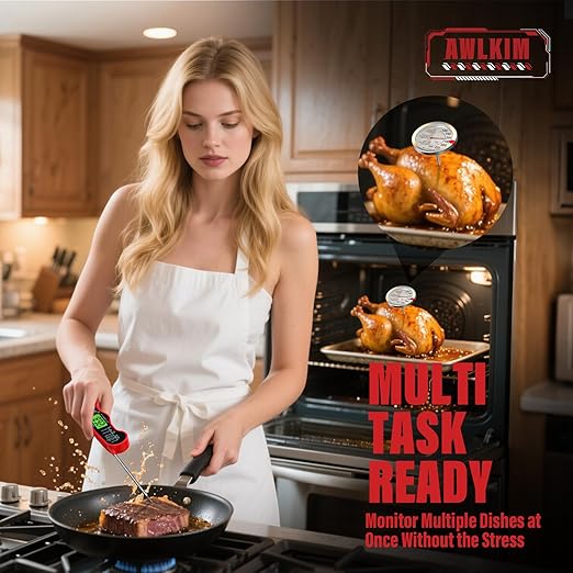 AWLKIM® 3 Pack Meat Thermometer for Cooking - 1 Pack Instant Read Digital Food Thermometer & 2 Pack 2.5-in Extra-Large Dial Stainless Steel Kitchen Oven Meat Thermometers (Safe Leave in Oven)