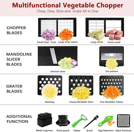 Vegetable Chopper, Onion Chopper Dicer, Mandoline Slicer, Food Chopper with Container, Vegetable Cutter for Salad Potato Carrot Garlic(9 Blades, Black)