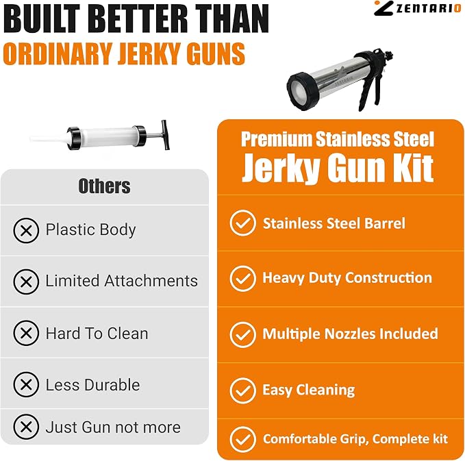 Jerky Gun for Ground Meat, Stainless Steel Beef Jerky Maker Kit | Beef jerky gun stainless steel 304, meat stick maker, 5 nozzles, 5 brushes, meat pusher, gloves, 1.7 lb barrel