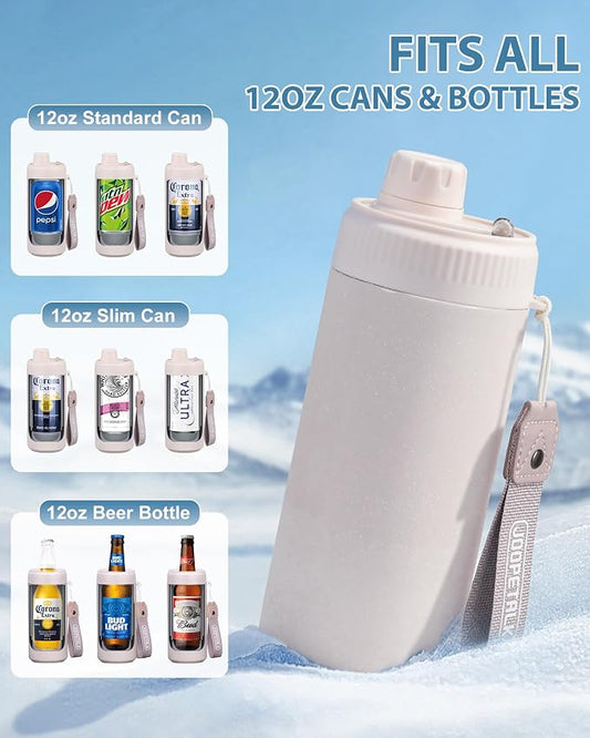 JOOPETALK Universal Can Cooler with Lid Fits All 12oz Cans& Bottles, 100% Leak-Proof Water Bottle, 4-in-1 Insulated Can Cooler for Beer, Soda & Energy Drinks, Dishwasher Safe