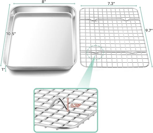 TeamFar Toaster Oven Pan with Cooling Rack Set, 10.5’’ x 8’’ x 1’’ Stainless Steel Compact Toaster Oven Small Baking Pan Tray with Mini Grid Rack, Non-Toxic & Heavy-Duty, Dishwasher & Oven Safe