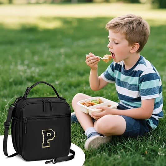 Initial Insulated Lunch Bag for Boys Kids, Back to School Gift, Reusable Leak-proof Lunch Box with Adjustable Strap for School Daycare Travel Picnic(Black,P)