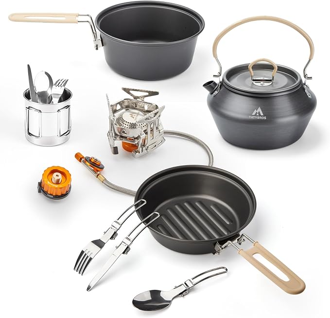 THTYBROS 27pcs Camping Cooking Set for 2-4 People, Portable Cookware Set with Kettle, Pots & Pans, Stainless Steel Utensils, Plates, Dishware for Backpacking, Picnic, Outdoor Adventures
