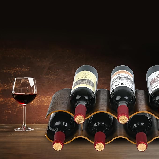 Countertop Wine Rack - 7 Bottle Freestanding Wine Bottle Holder Stand - 2 Tier Wooden Wine Storage Rack - Walnut Wavy Wine Organizer for Cabinet Pantry Home Kitchen Bar