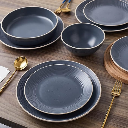 Stone Lain Lauren Stoneware, Rustic Plates and Bowls Set, Dinnerware, Service for 8, Speckled Charcoal, Dishwasher & Microwave Safe, 32-Piece