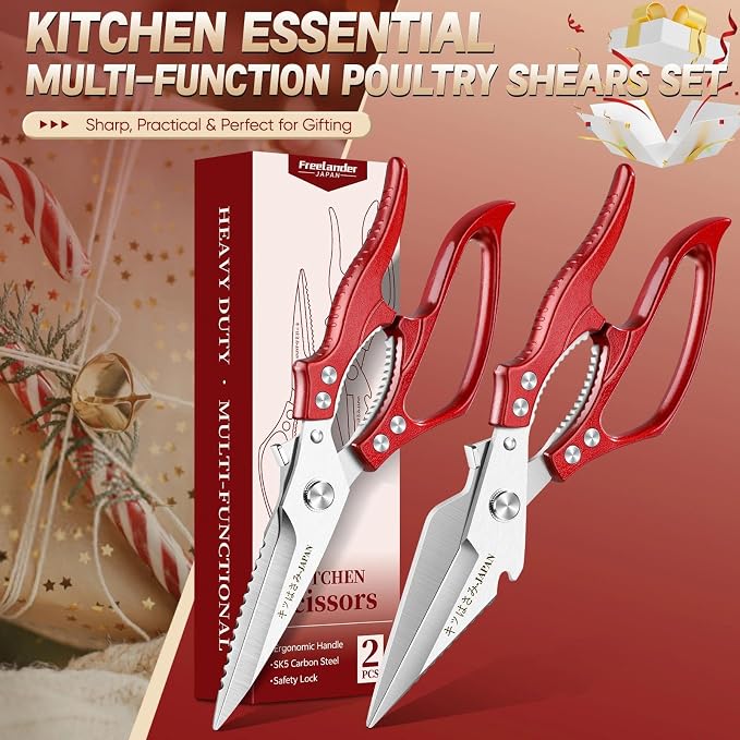 Freelander Poultry Shears Set Red - All Purpose Heavy Duty Kitchen Shears | Japanese Kitchen Scissors for Food, Chicken, Meat, Fish, Vegetables with Ergonomic Non-Slip Handle, Gifts for Women Men