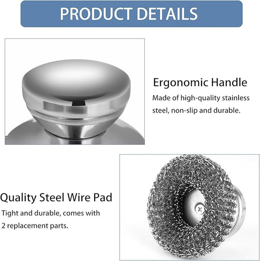 4Pcs Steel Wool Scrubber Set, Stainless Steel Scrubber with Stainless Steel Handle, for Cleaning Dishes, Cast Iron, Stock Pots, Pans, Griddles, Grills