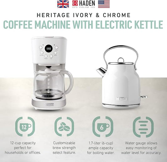 HADEN Coffee Machine, 12 Cup Drip Coffee Maker Bundled with Heritage 1.7 Liter Stainless Steel Electric Kettle, Ivory & Chrome