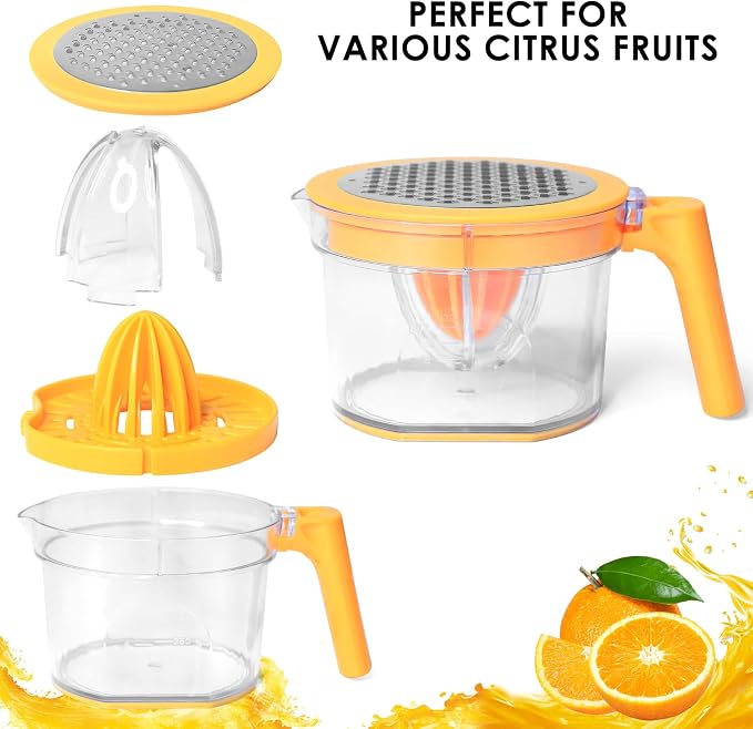 4-in-1 Lemon Squeezer, 16.9oz Manual Juicer with Dual Reamers | Multifunctional Citrus Juicer, Lemon Lime Squeezer with Detachable Handle/Grater/Egg Separator/Measuring Cup/BPA-Free, Orange