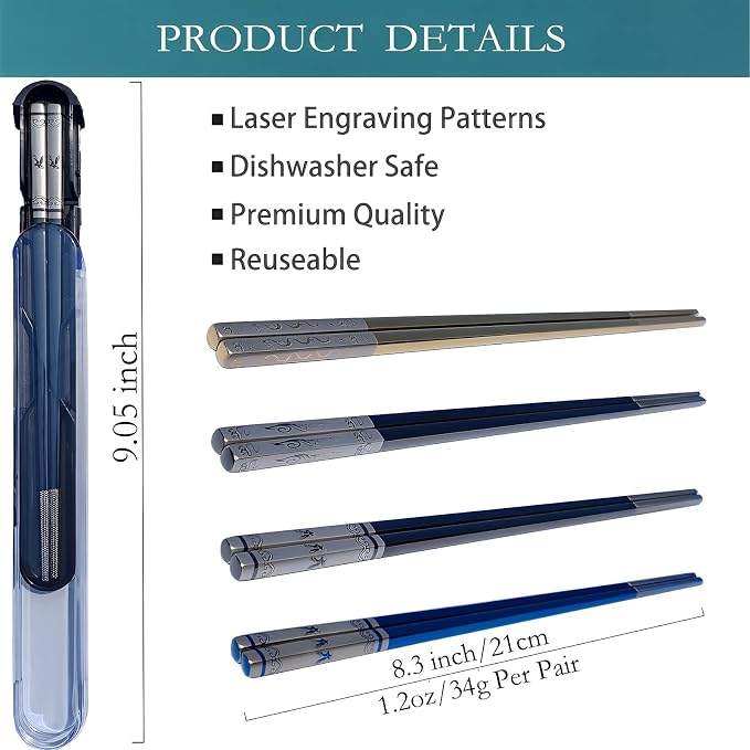 Travel Chopsticks with Case, Black Blue Eagle, 2 Pairs | Metal Stainless Steel, Titanium Plated, Reusable & Dishwasher Safe, For School, Home, Office, Outdoor, Bento Box Use