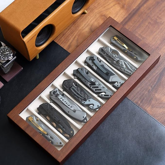 Knife Display Case Organizer storage 8 pocket knives, Folding Knife Holder with Real Glass Window Top, Pocket knife collection box for men gift (Walnut Veneer 8 slot)