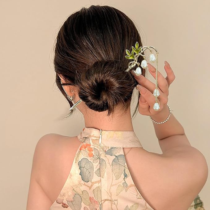 2Packs Lily of the Valley Chinese Hair Sticks for Buns, Pearl Flower Vintage Metal Hair Chopsticks for Women and Girls Dangle Tassel Pendant Hair Accessories Hanfu Handmade Decor Hairpin (white)