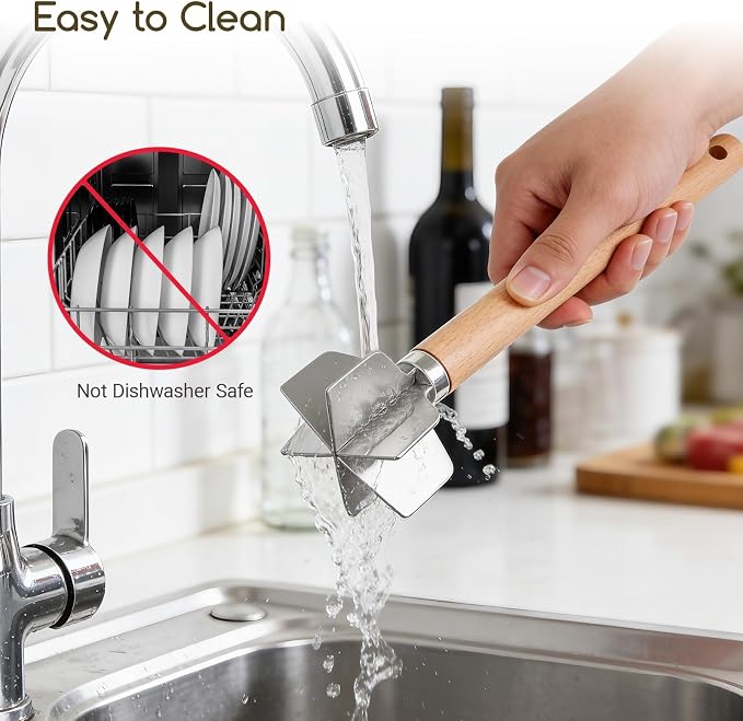 Meat Masher Stainless Steel Meat Chopper, 6-Blade Ground Beef Chopper Tool with 11" Wooden Handle for Hamburger,Turkey & Potato Masher (L, Wood Handle-1pc)