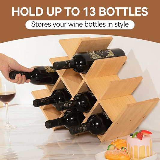 KIRIGEN Wood Wine Rack, 13-Bottle 4-Tier Countertop Holder, Natural, 4-NA | 22.28 x 5.9 x 13.9 In, Freestanding Wooden Rack Stores 13 Wine Bottles for Counters, Cabinets, Pantry Shelves, and Home Bars