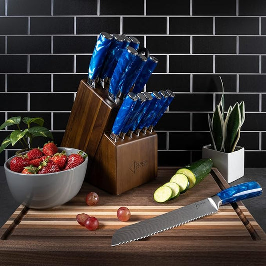 SENKEN 16-Piece Kitchen Knife Block Set - Japanese Chef's Knife Set with Laser Damascus Pattern, Includes 6 Steak Knives and Smoothly-Finished Acacia Hardwood Knife Block (Blue Resin Handles)