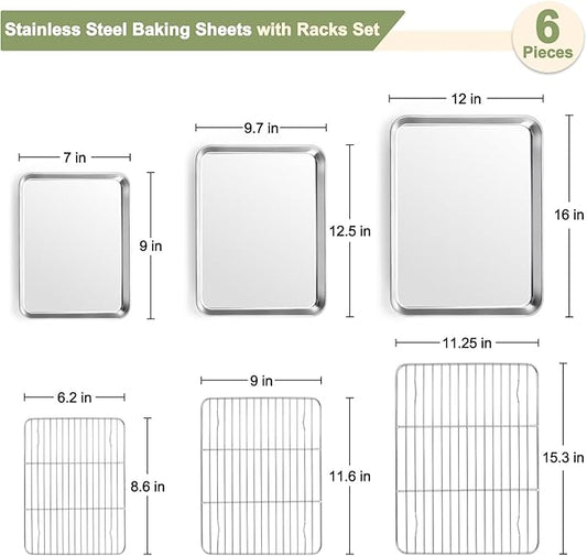 TeamFar Baking Sheet with Rack Set (3 Pans + 3 Racks), 16/12.5/9 Inch Stainless Steel Cookie Sheets Baking Pans Trays and Cooling Racks for Cooking Roasting, Non-Toxic & Heavy Duty, Dishwasher Safe