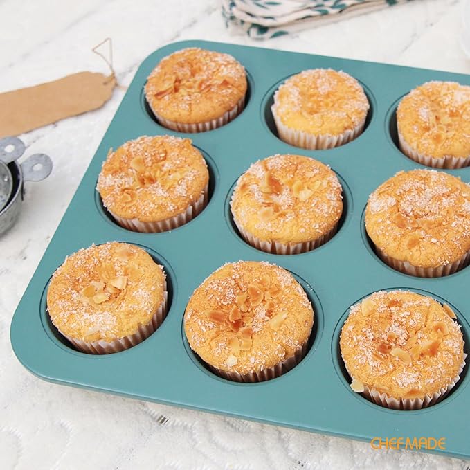 CHEFMADE Muffin Pan, 12 Cups Non-Stick Cupcake Baking Pan Heavy Duty Carbon Steel Pan Muffin Tins Standard Baking Mold for Cakes(Green)