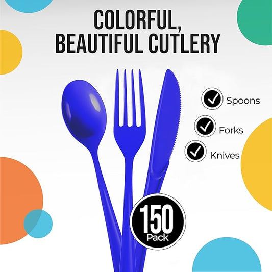Party Solids Dark Blue Plastic Silverware Heavy Duty 150 Pieces Dark Blue Plastic Cutlery Sets, Utensil Sets, 50 Of Each Forks, Knives & Spoons Disposable Cutlery Set, Flatware Set For Party Supplies