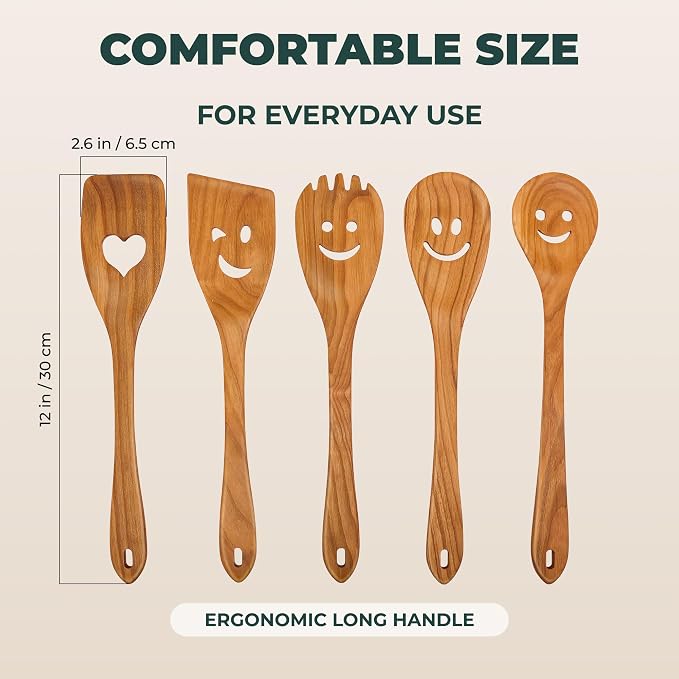 MFC 5-Piece Wooden Cooking Spoons - Kitchen Set from Natural Cherry Wood - Wooden Spoons for Cooking - Funny Utensil Set with Smiley Faces - Cooking Multipurpose Wood Utensils