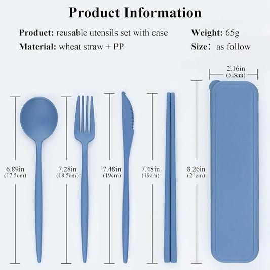 DISSKNIC Reusable Utensils Set with Case, 6 Sets Travel Utensils with Case, Wheat Straw Portable Cutlery Set Chopsticks Knives Fork and Spoon for Lunch Box Accessories