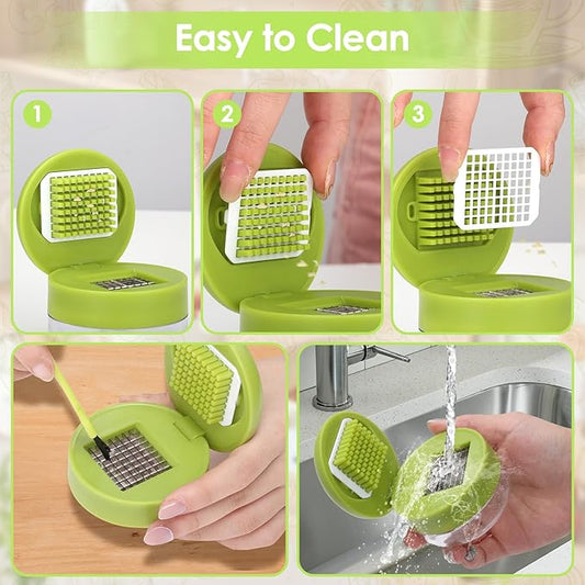 2 Pcs Garlic Press Set, Stainless Steel Garlics Crusher with Silicone Peeler and Cleaner Brush, Easy to Use Garlic Chopper for Shredded Garlic, Ginger and Fruit