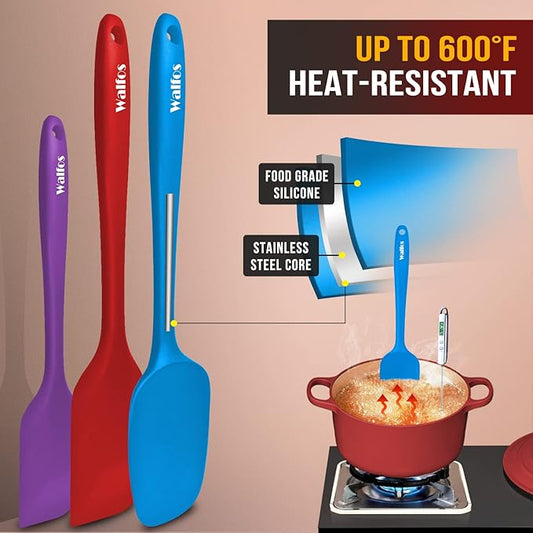 Walfos Silicone Spatula Set of 4(600°F),Heat Resistant Kitchen Silicone Scraper Spatulas, Strong Steel Core and One-Pieces Seamless Design, For Cooking Mixing & Baking,BPA Free & Dishwasher Safe