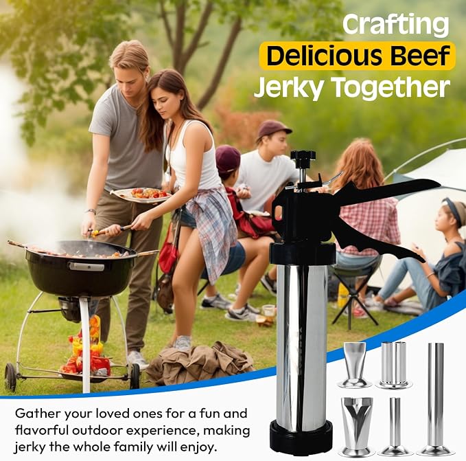 Beef Jerky Gun Kit Meat Maker Sausage Shooter Stainless Steel Tools | Professional Grade, 5 Nozzles, 1 Meat Pusher, 5x Cleaning Brushes 2 Sets, Sausage Shooter Accessories, Bonus Pair Hand Gloves