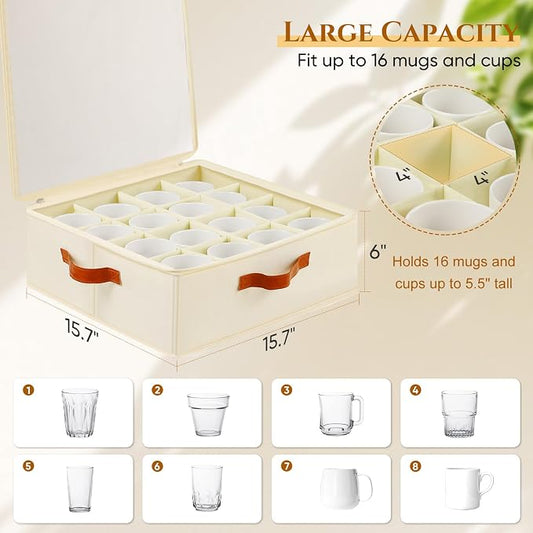 Foyego Cup and Mug Storage Box, Beige, 2 Pack | 32 Adjustable Dividers, Hard Shell, with Transparent Lid, 3 Handles, Zippers, Stackable Storage Organizers for Packing&Moving