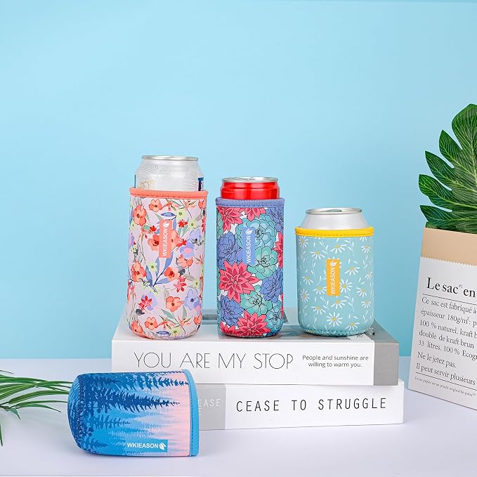 WKieason Neoprene Can Sleeves Insulators Beer Coozies 3 Size - 12OZ Standard Can Sleeve, 12OZ Slim Can Sleeve, 16OZ Standard Can Sleeve, 12OZ Standard Beer Can Coolers Coolier Sleeves(Flower Red Set)