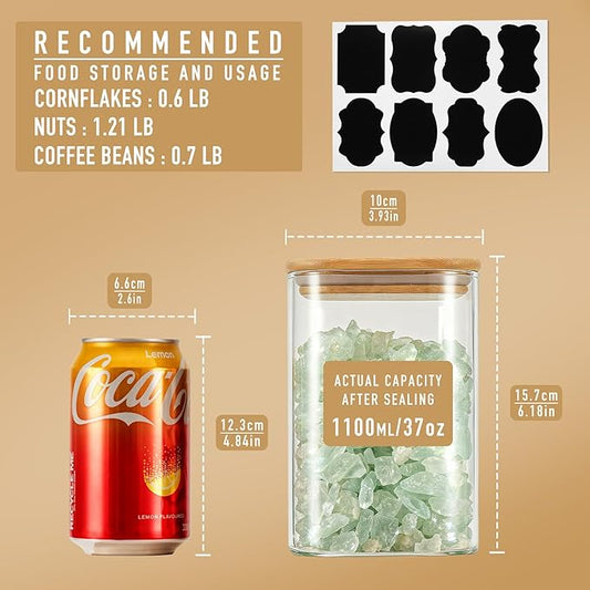 37oz Airtight Glass Square Storage Canister with Bamboo Lid Set of 4 (1100ml) Container Stackable Jar, Kitchen Canister for Pantry Noodles, Flour and Coffee beans (with Black Lable)