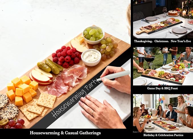 32" Acacia Charcuterie Board with Handle – Extra Long Serving Platter with Chalkboard Edge for Cheese, Meat & Appetizers – Large Wooden Kitchen Board for Parties, Gatherings & Home Decor