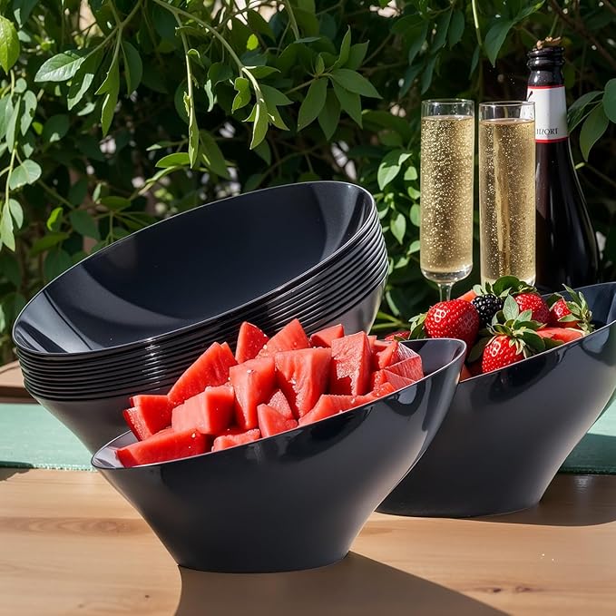 bUCLA 12 Pack Black Plastic Serving Bowls - 54 OZ Angled Bowls Disposable for Chip&Candy - Party Table Salad and Fruit for Party, Wedding & New Year