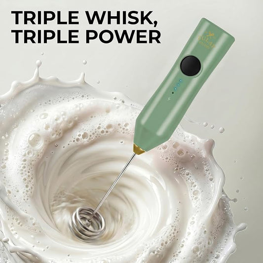 Zulay Kitchen Rechargeable Milk Frother Handheld - Frother Wand, Drink Mixer, Electric Whisk Frother, for Cappuccinos, Matcha & Protein Powder - Dynamic Triple Whisk, 3 Speed 500mAh Forrest Green Gold