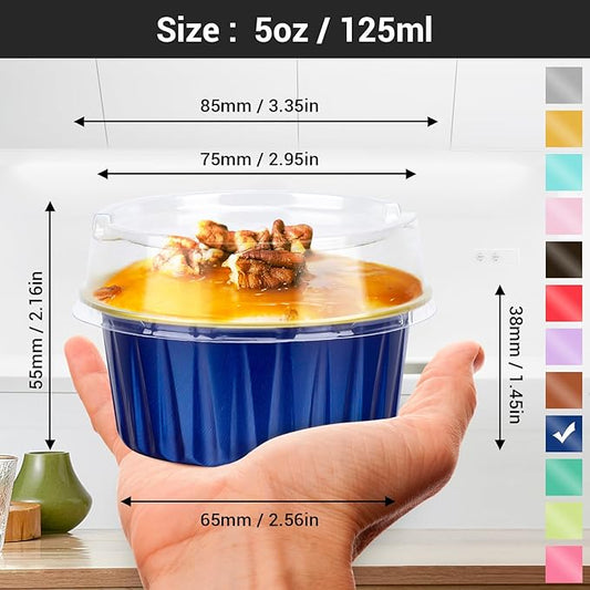 EUSOAR Aluminum Foil Baking Cups with Lids, Royal Blue 100pcs 5oz Creme Brulee Ramekins Disposable, Muffin Liners Cups,Mini Cheesecake Foil Pans Dessert Containers with Lids for Party Favor Birthday