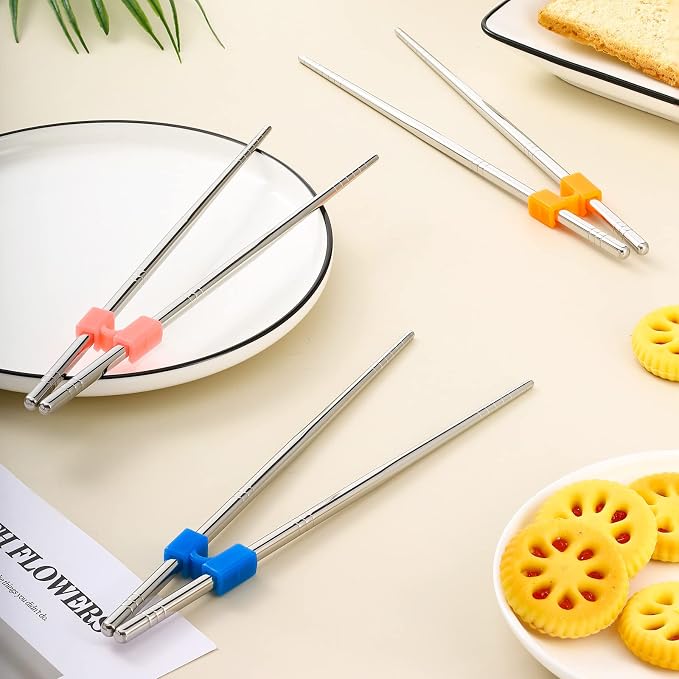 5 Pairs Reusable Chopsticks Helpers Training Chopstick for Beginner Replaceable Practice Chopsticks Non-slip Training Chopstick for Adults Learner(Stainless Steel,Silver)