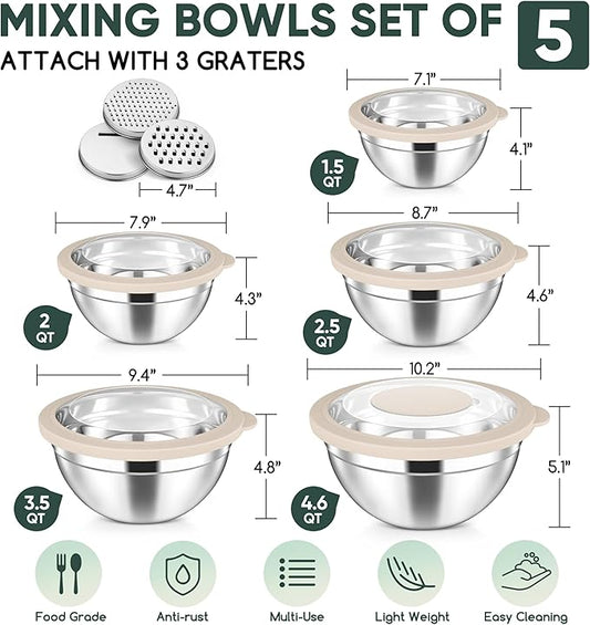 Herogo 5-Piece Mixing Bowls with Airtight Clear Lids, 3 Grater Attachments, Stainless Steel Salad Bowls for Kitchen, Size 4.6, 3.5, 2.5, 2, 1.5QT Ideal for Baking, Prepping and Serving, Khaki